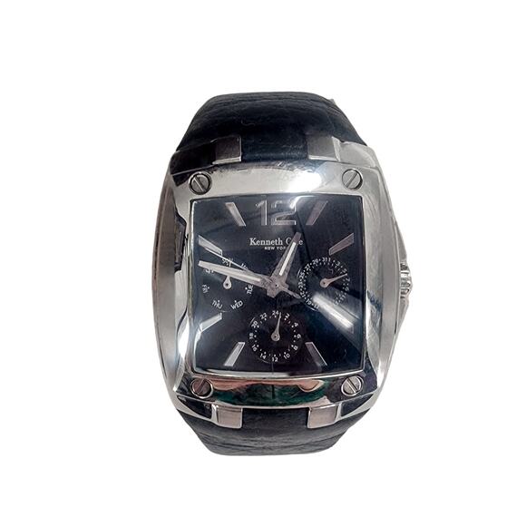 Kenneth Cole Men’s Wrist Watch Steel Curved Case Textured Black Leather KC1280 - Picture 1 of 10